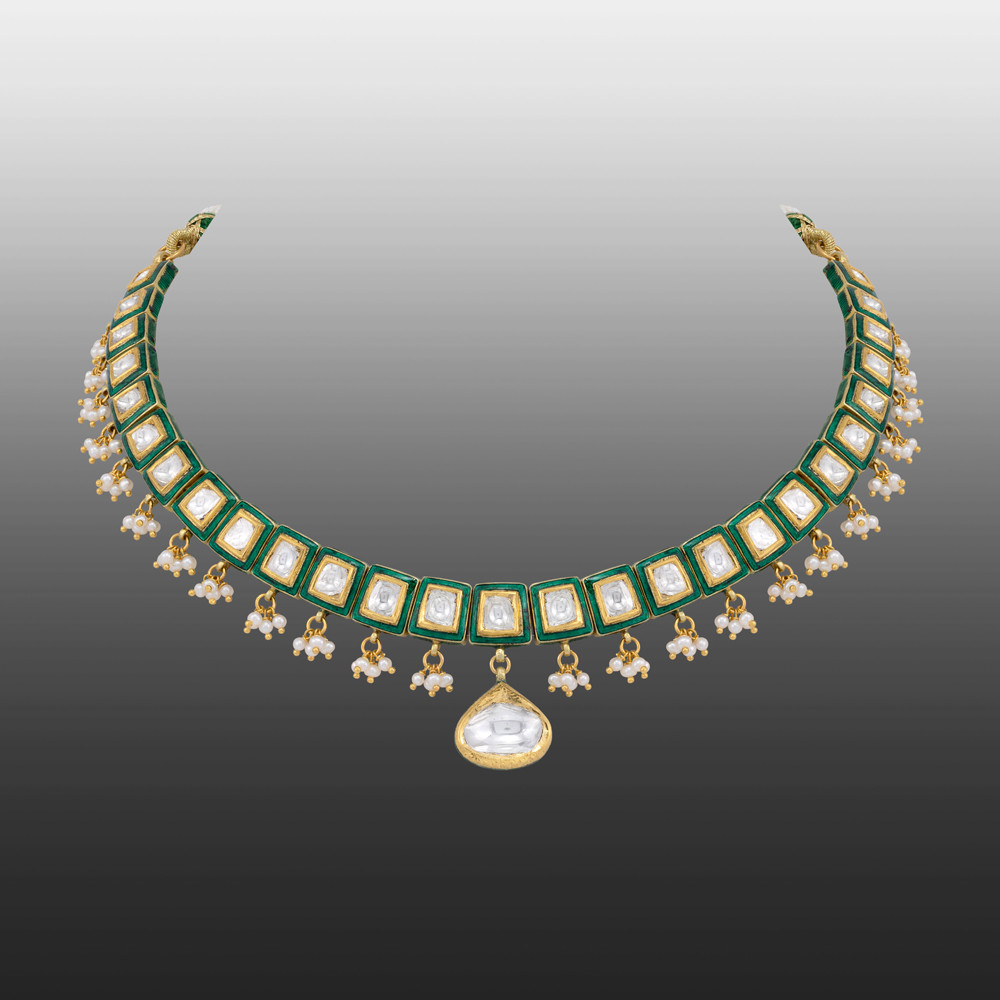Green Meenakari Necklace with Polkis and Pearl Cheed Drops